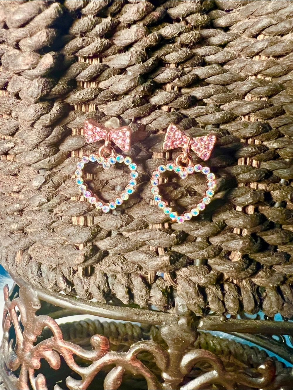 Chic Pink Bow Heart Rhinestone Drop Earrings! Nwot